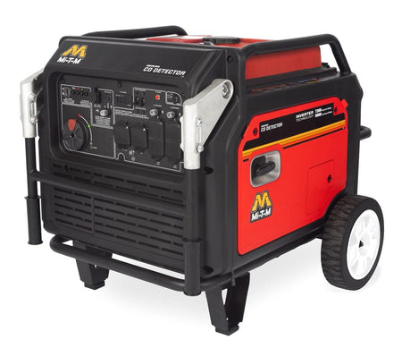 Angled studio view of the Mi-T-M inverter generator featuring a black and red enclosed housing, comprehensive control panel with outlets, silver folding handles, and wheels.