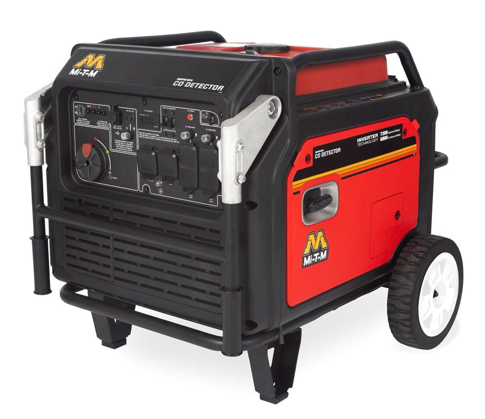 Angled studio view of the Mi-T-M inverter generator featuring a black and red enclosed housing, comprehensive control panel with outlets, silver folding handles, and wheels.