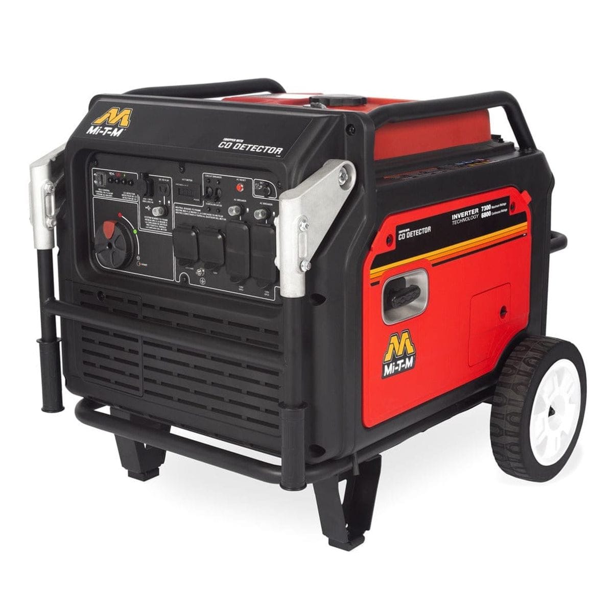 Angled studio view of the Mi-T-M inverter generator featuring a black and red enclosed housing, comprehensive control panel with outlets, silver folding handles, and wheels.