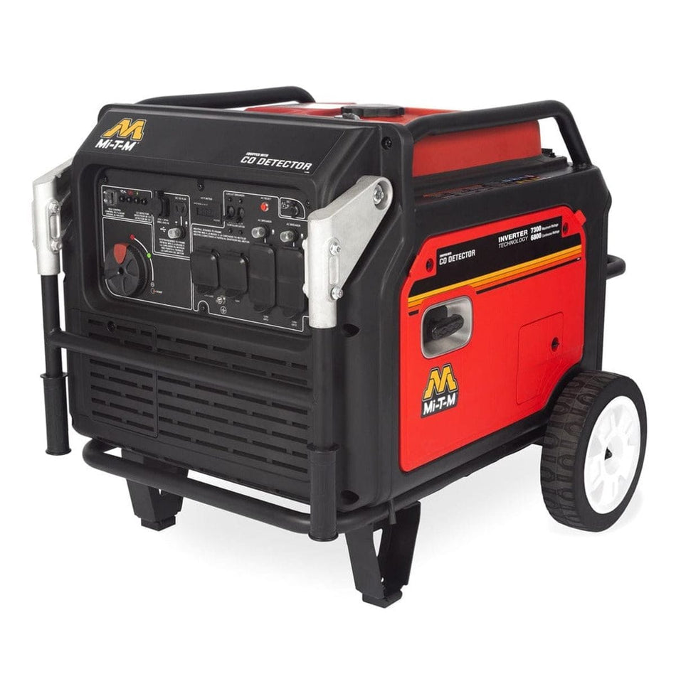 Angled studio view of the Mi-T-M inverter generator featuring a black and red enclosed housing, comprehensive control panel with outlets, silver folding handles, and wheels.
