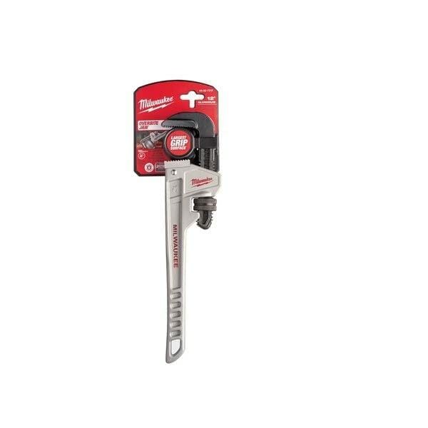 Milwaukee 12-Inch Aluminum Pipe Wrench 48-22-7212 with Overbite Jaw Hardened Teeth and Ergonomic Handle