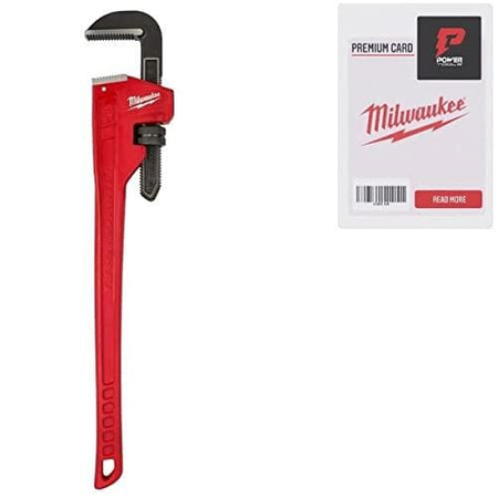 Image showing the full 36-inch Milwaukee pipe wrench alongside a small white premium card promotional item.