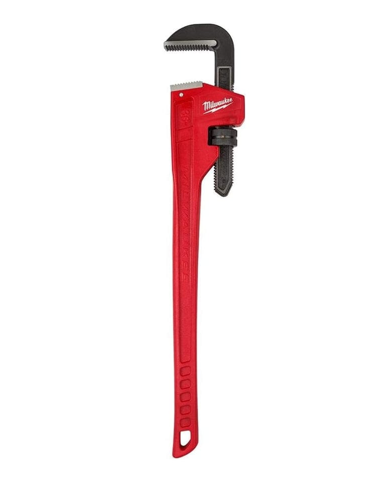 Full vertical view of the red Milwaukee 36-inch steel pipe wrench with its jaws open, highlighting the long handle and ergonomic shape.