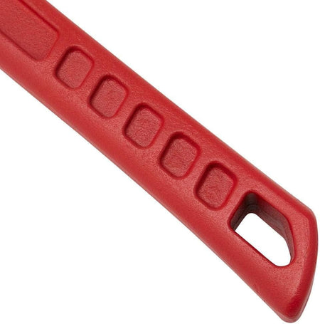 Close-up of the end of the red wrench handle, showing the molded ergonomic grip features and the tether-ready lanyard hole.