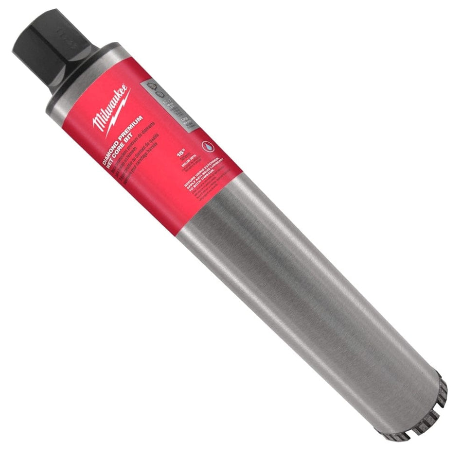 A studio product shot of the silver Milwaukee 48-17-2034 diamond wet core bit, featuring a red label and V-shaped turbo segments at the cutting edge for drilling into cured concrete and rebar.