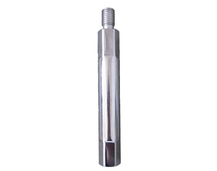 A studio product shot of the silver Milwaukee 48-17-6010 metal core bit extension, featuring a 6-inch overall length and a 5/8-11 threaded shank for extending the reach of diamond wet core bits.