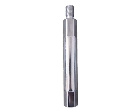 A studio product shot of the silver Milwaukee 48-17-6010 metal core bit extension, featuring a 6-inch overall length and a 5/8-11 threaded shank for extending the reach of diamond wet core bits.