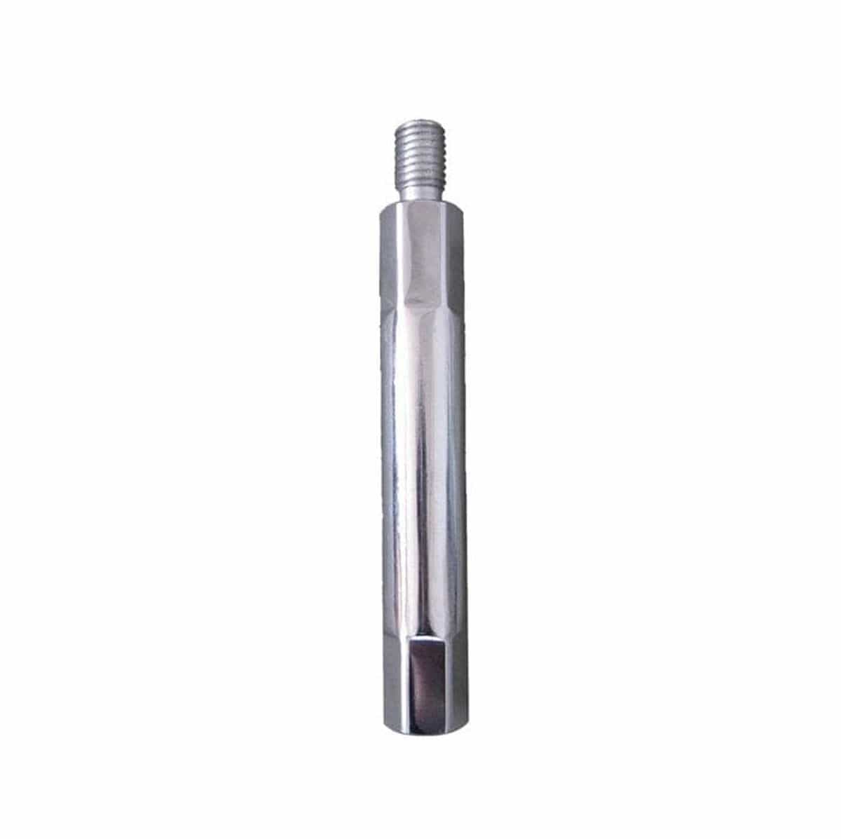 A studio product shot of the silver Milwaukee 48-17-6010 metal core bit extension, featuring a 6-inch overall length and a 5/8-11 threaded shank for extending the reach of diamond wet core bits.