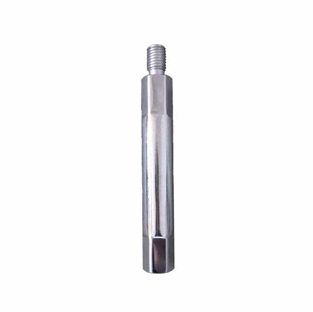 A studio product shot of the silver Milwaukee 48-17-6010 metal core bit extension, featuring a 6-inch overall length and a 5/8-11 threaded shank for extending the reach of diamond wet core bits.