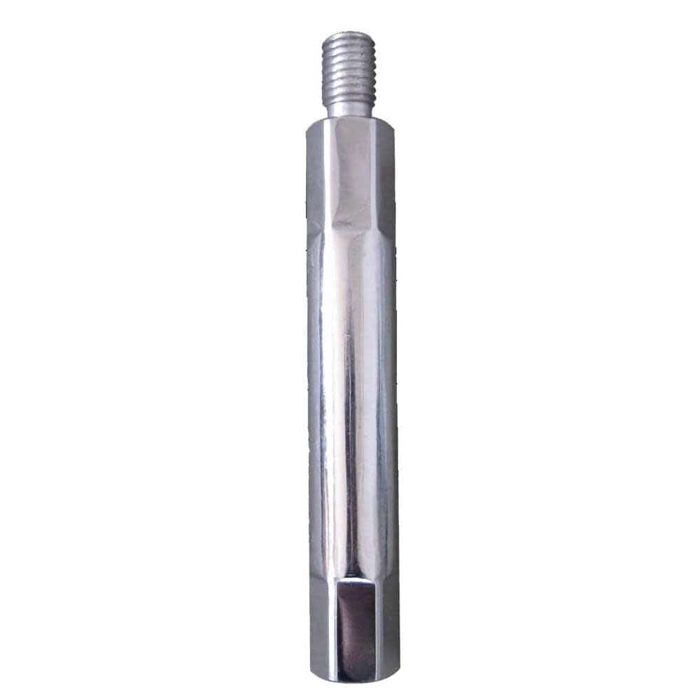 A studio product shot of the silver Milwaukee 48-17-6014 metal core bit extension, featuring a 6-inch overall length and a heavy-duty 1-1/4-7 threaded shank for industrial diamond wet core drilling.