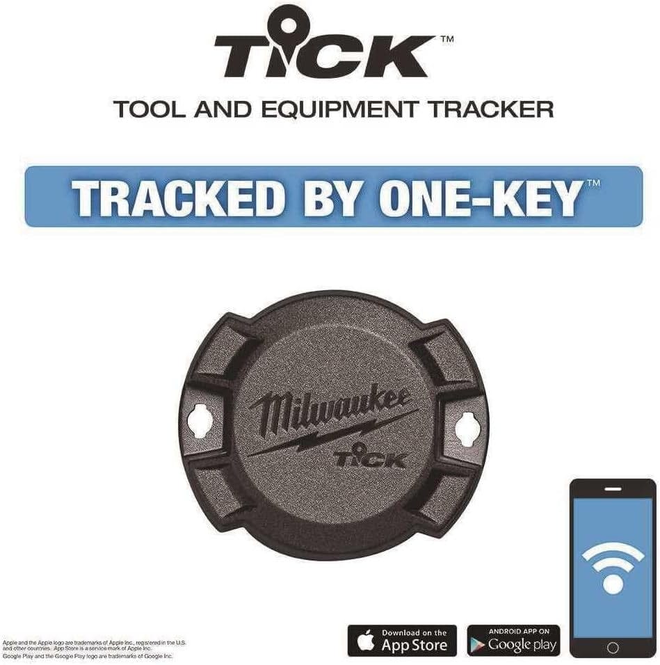 Marketing graphic featuring the TICK tracker with the text Tracked by ONE-KEY and icons for the Apple App Store and Google Play Store.