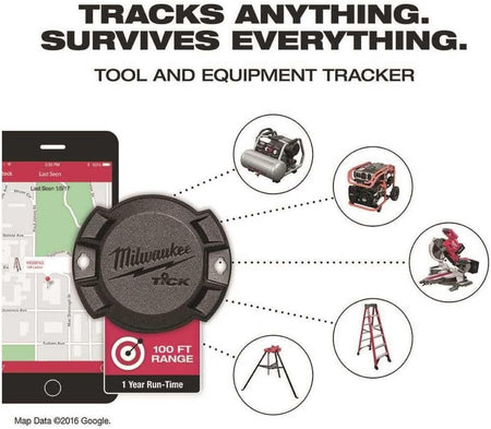 Diagram showing a smartphone with the One-Key app tracking various equipment like compressors, generators, and ladders within a 100-foot signal range.