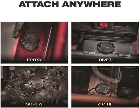 Four-panel composite image demonstrating different attachment methods for the TICK tracker labeled epoxy, rivet, screw, and zip tie.