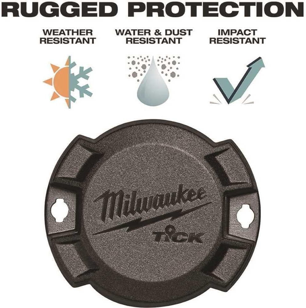 Infographic illustrating the rugged protection features of the TICK tracker, including icons for weather resistance, water and dust resistance, and impact resistance.
