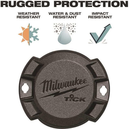 Infographic illustrating the rugged protection features of the TICK tracker, including icons for weather resistance, water and dust resistance, and impact resistance.