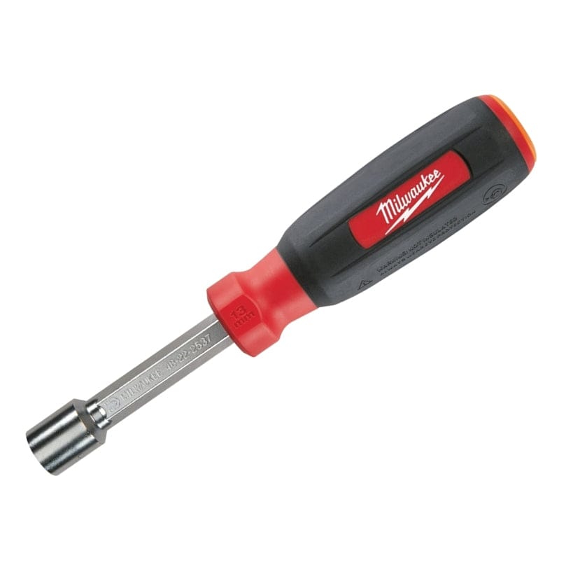 Studio shot of the Milwaukee 13mm magnetic nut driver highlighting the red color-coded band and ergonomic handle design.