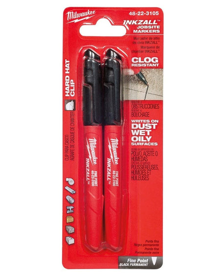 Retail blister packaging containing two red Milwaukee INKZALL fine point markers with callouts for clog resistance and hard hat clip.
