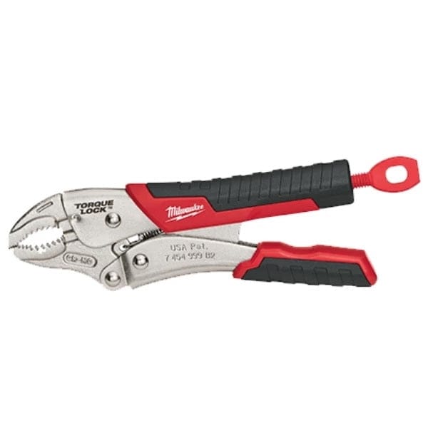 Studio shot of the Milwaukee 7-inch locking pliers in the closed position, highlighting the red and black comfort grip handles and the Torque Lock thumb screw.