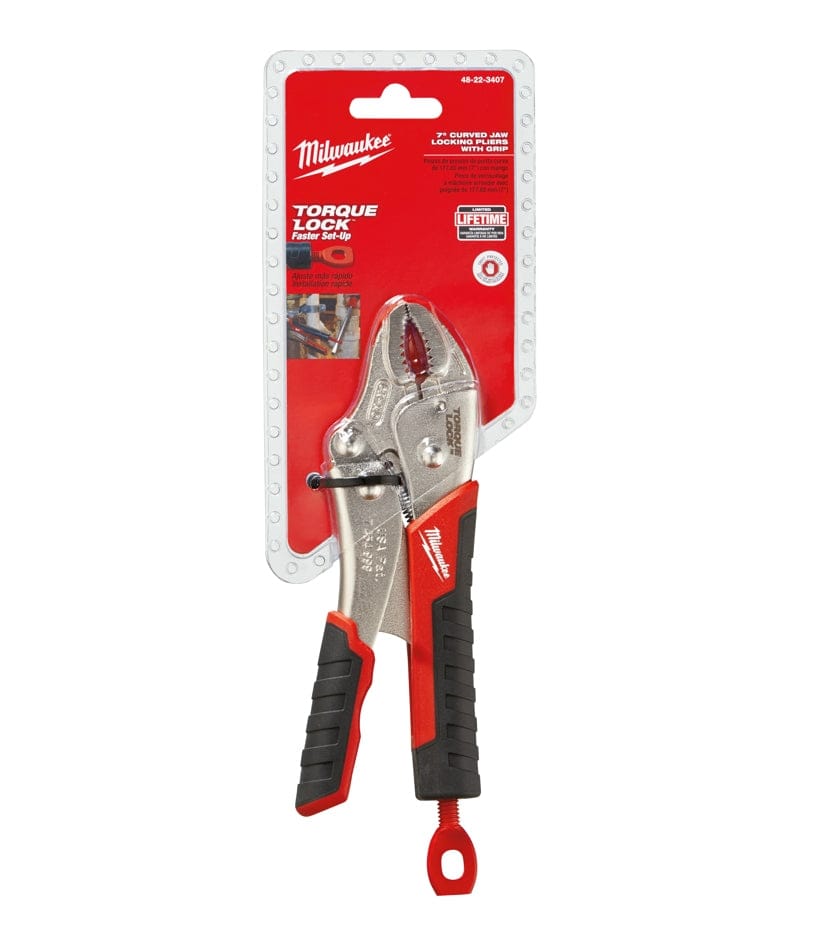 Retail packaging view of the Milwaukee 7-inch Torque Lock curved jaw locking pliers showing the tool secured on a red hanging card with product features.