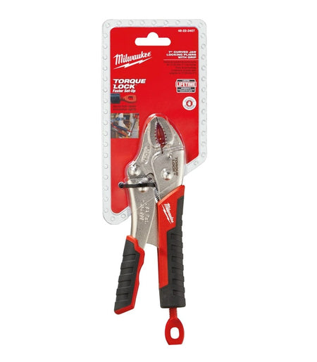 Retail packaging view of the Milwaukee 7-inch Torque Lock curved jaw locking pliers showing the tool secured on a red hanging card with product features.