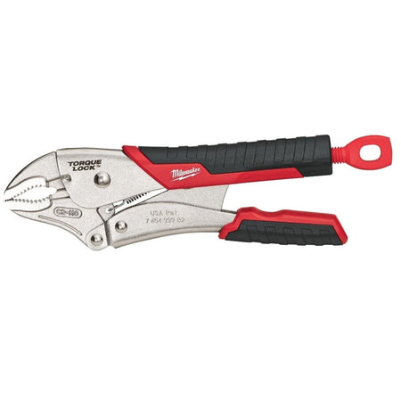 Studio shot of the Milwaukee 10-inch curved jaw locking pliers in the closed position highlighting the red comfort grip and large torque lock thumb screw loop.