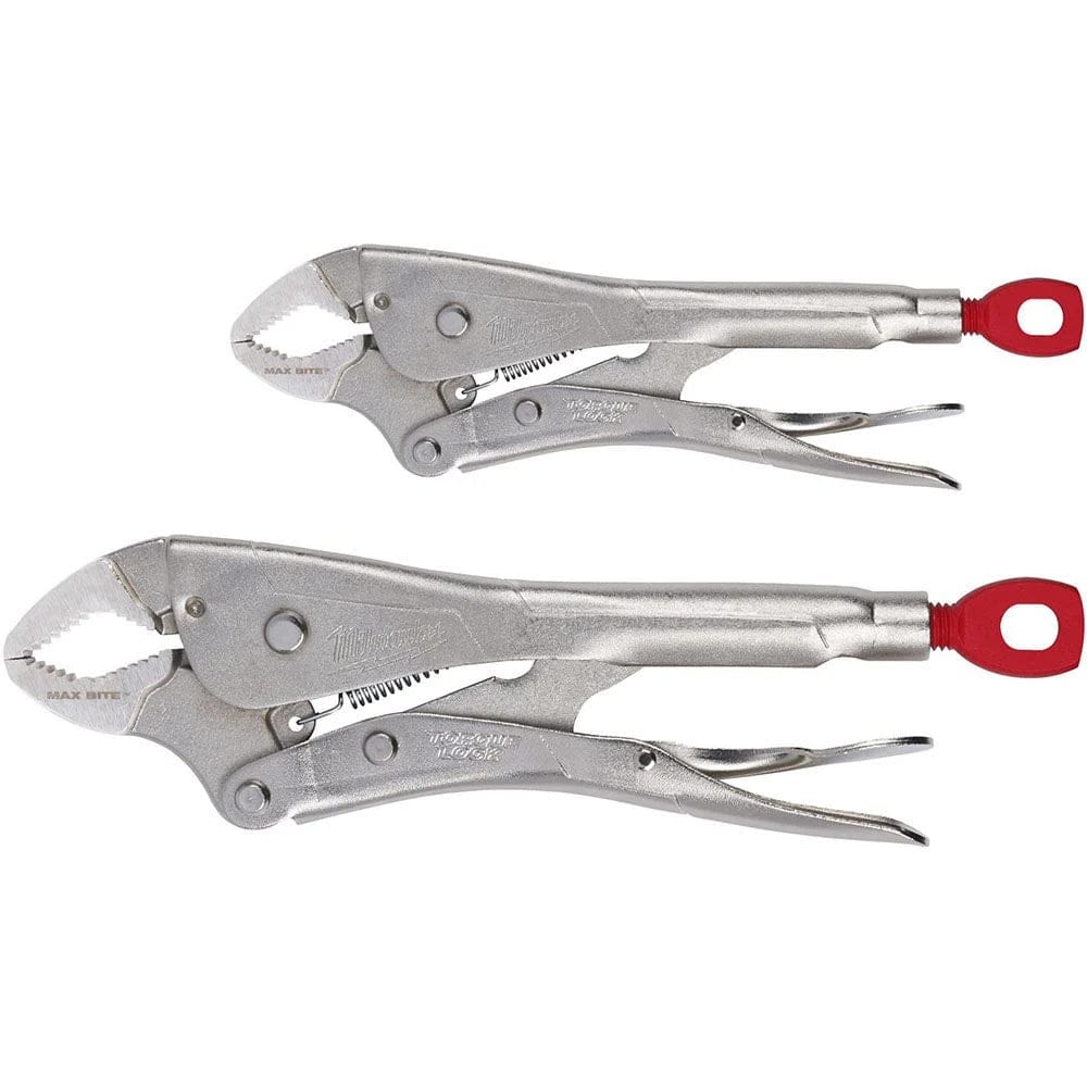 Studio shot of the Milwaukee 2-piece locking pliers set containing one 7-inch and one 10-inch Torque Lock MAXBITE curved jaw pliers.
