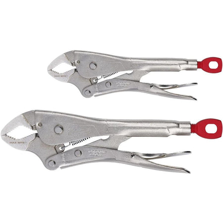 Studio shot of the Milwaukee 2-piece locking pliers set containing one 7-inch and one 10-inch Torque Lock MAXBITE curved jaw pliers.