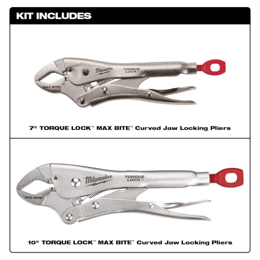 Infographic titled Kit Includes displaying the 7-inch Torque Lock MAXBITE curved jaw locking pliers above the 10-inch Torque Lock MAXBITE curved jaw locking pliers.