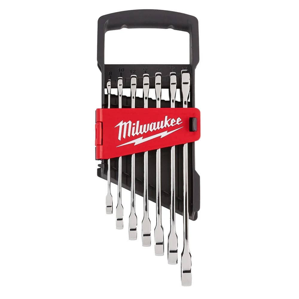 Studio shot of the 7-piece metric ratcheting combination wrench set organized vertically in a black and red locking storage tray.