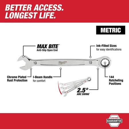 Product feature diagram pointing out the Max Bite open end, chrome plating, I-beam handle, ink-filled sizes, and 144-position ratcheting mechanism.