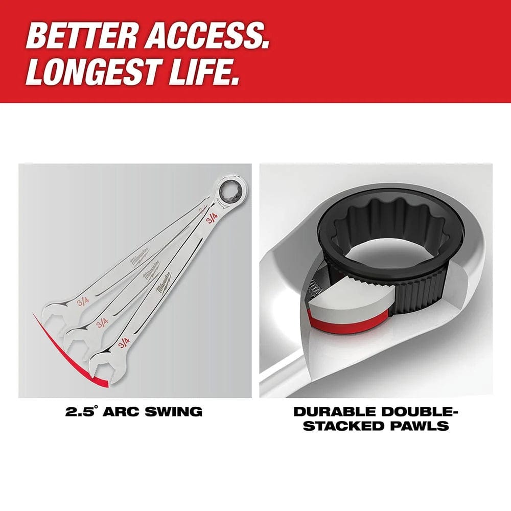 Technical graphic demonstrating the 2.5-degree arc swing for tight spaces and a cutaway view of the durable double-stacked pawl mechanism.