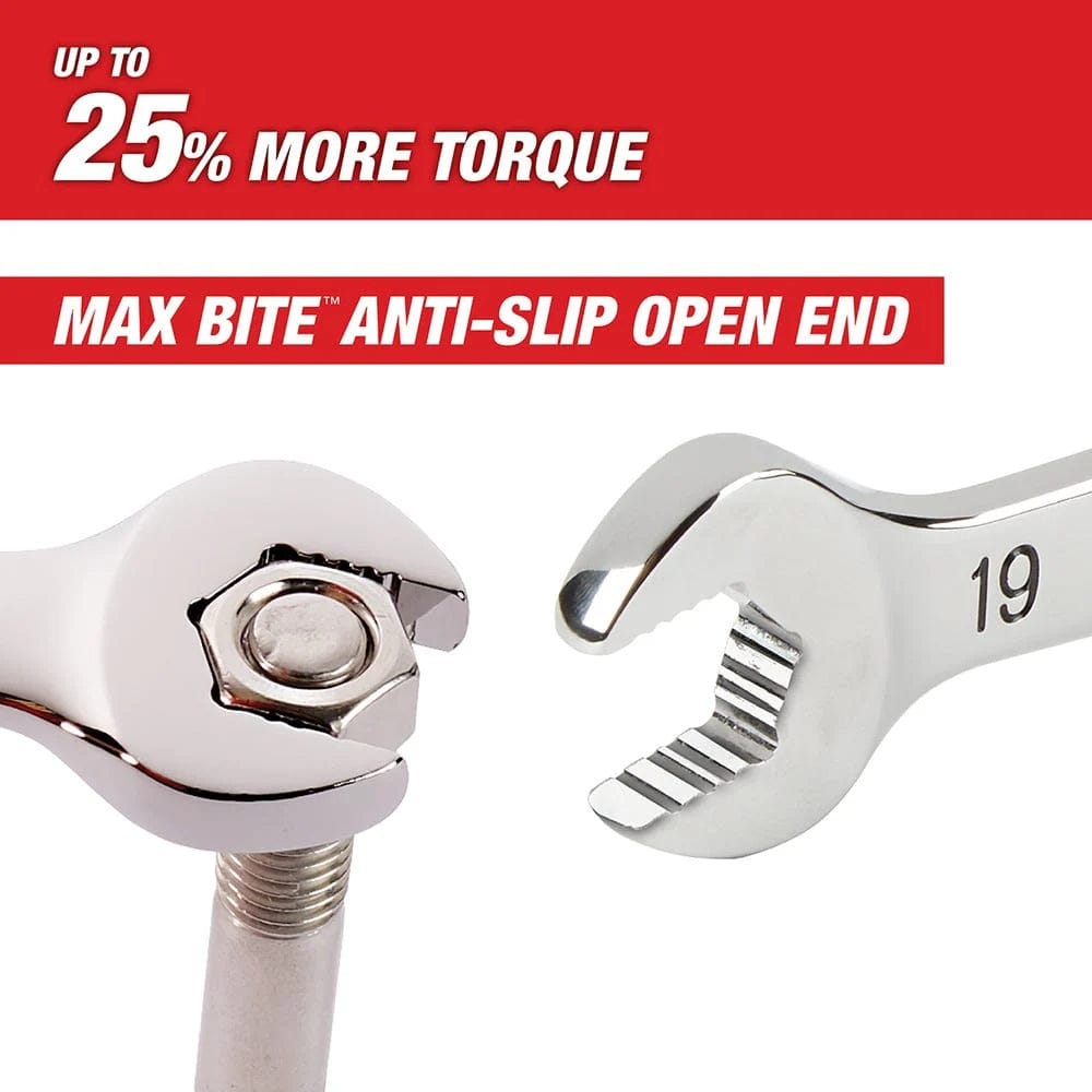 Technical graphic illustrating the Max Bite anti-slip open end design gripping a nut to demonstrate up to 25 percent more torque compared to smooth wrenches.