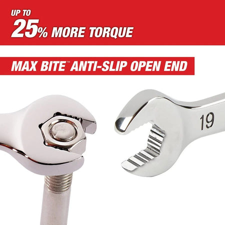 Technical graphic illustrating the Max Bite anti-slip open end design gripping a nut to demonstrate up to 25 percent more torque compared to smooth wrenches.