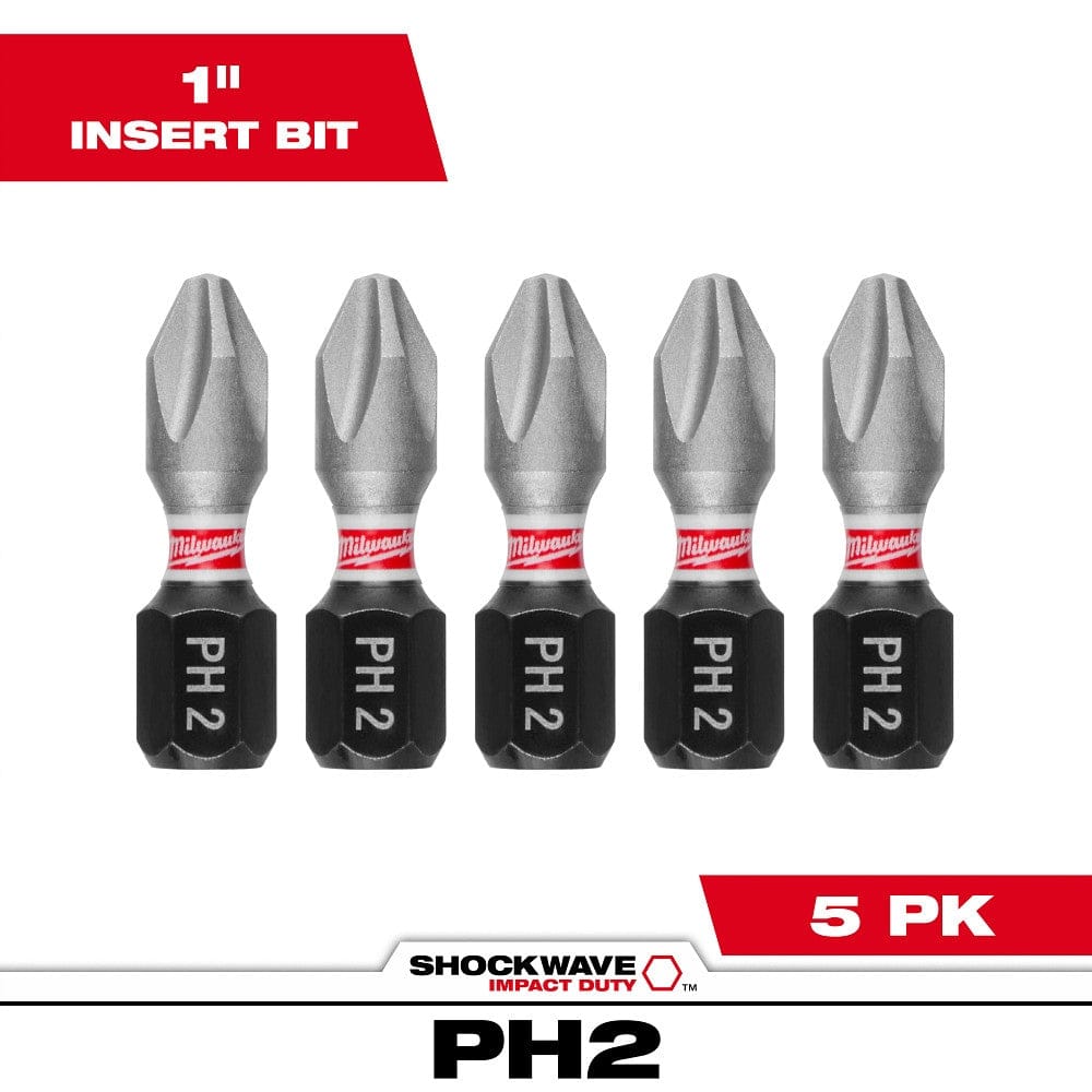 A set of five Milwaukee 1-inch SHOCKWAVE Impact Duty Phillips #2 insert bits, each featuring a silver precision-milled tip, a white and red brand band, and a black hex shank with laser-etched size markings.