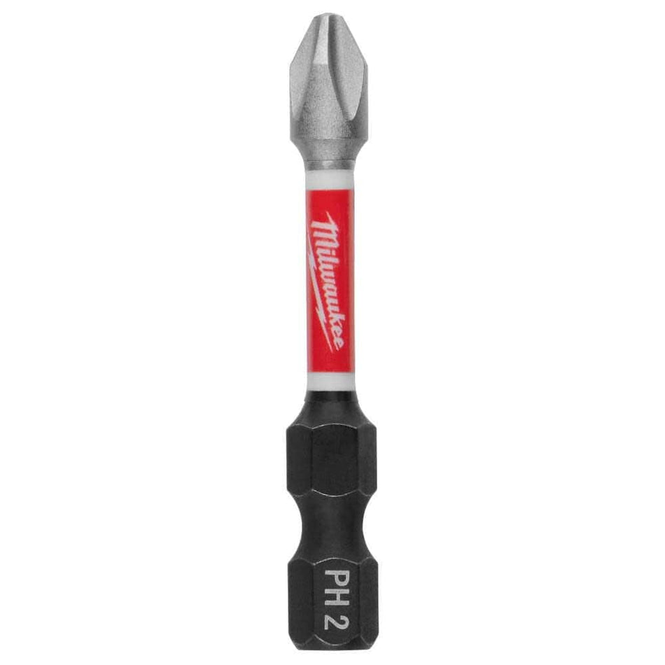 A studio shot of a single silver and black Milwaukee SHOCKWAVE Impact Duty 2-inch Phillips #2 power bit, showing the red brand band and laser-etched size markings on the shank.