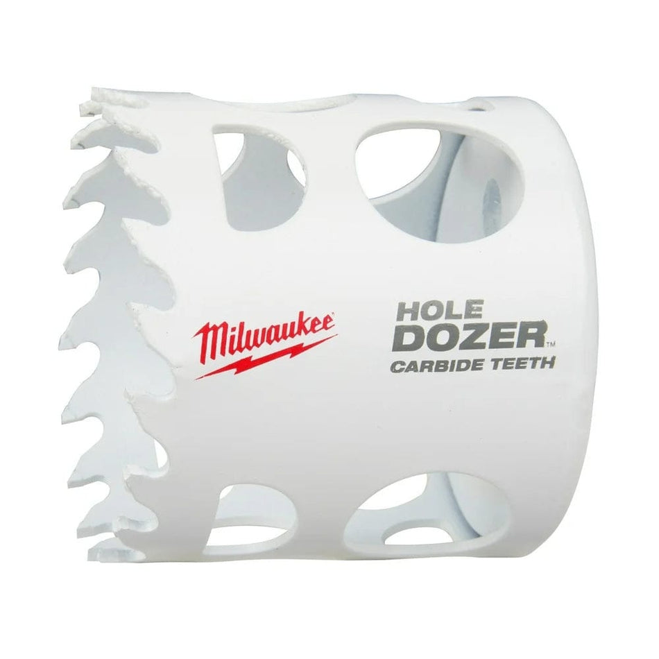 Studio shot of the white Milwaukee 2-inch Hole Dozer hole saw featuring large side slots and carbide teeth.