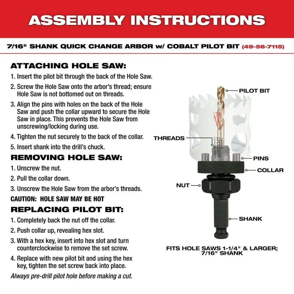 Instructional diagram detailing the assembly instructions for attaching and removing the hole saw from the arbor and replacing the pilot bit.