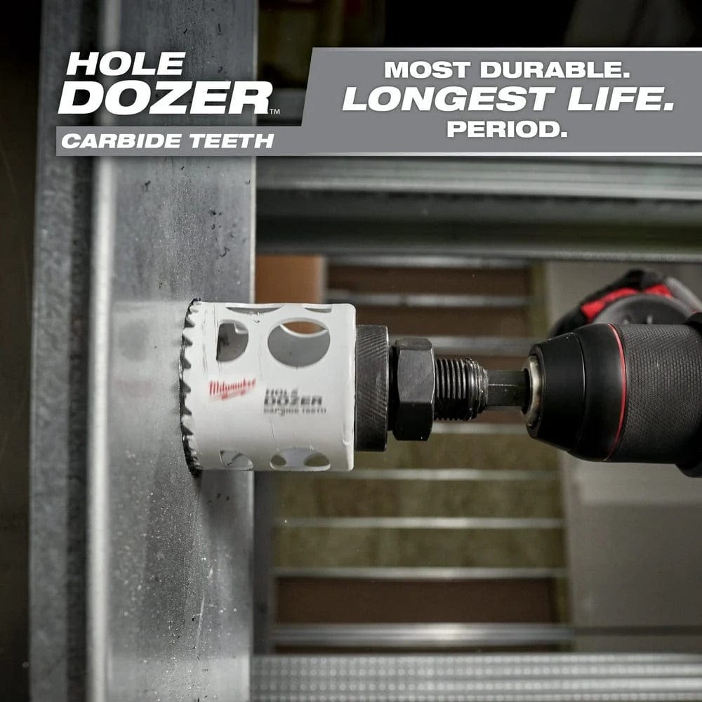 Action shot of the hole saw drilling through a steel stud with the text Most Durable Longest Life Period overlaid.