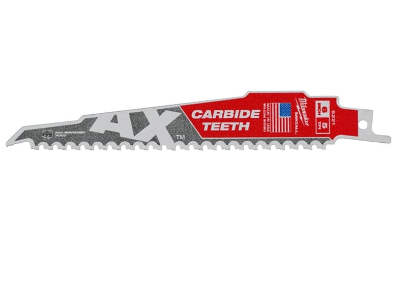 Studio shot of the white 6-inch AX Sawzall blade displaying the red Milwaukee logo, carbide teeth branding, and specialized tooth geometry.