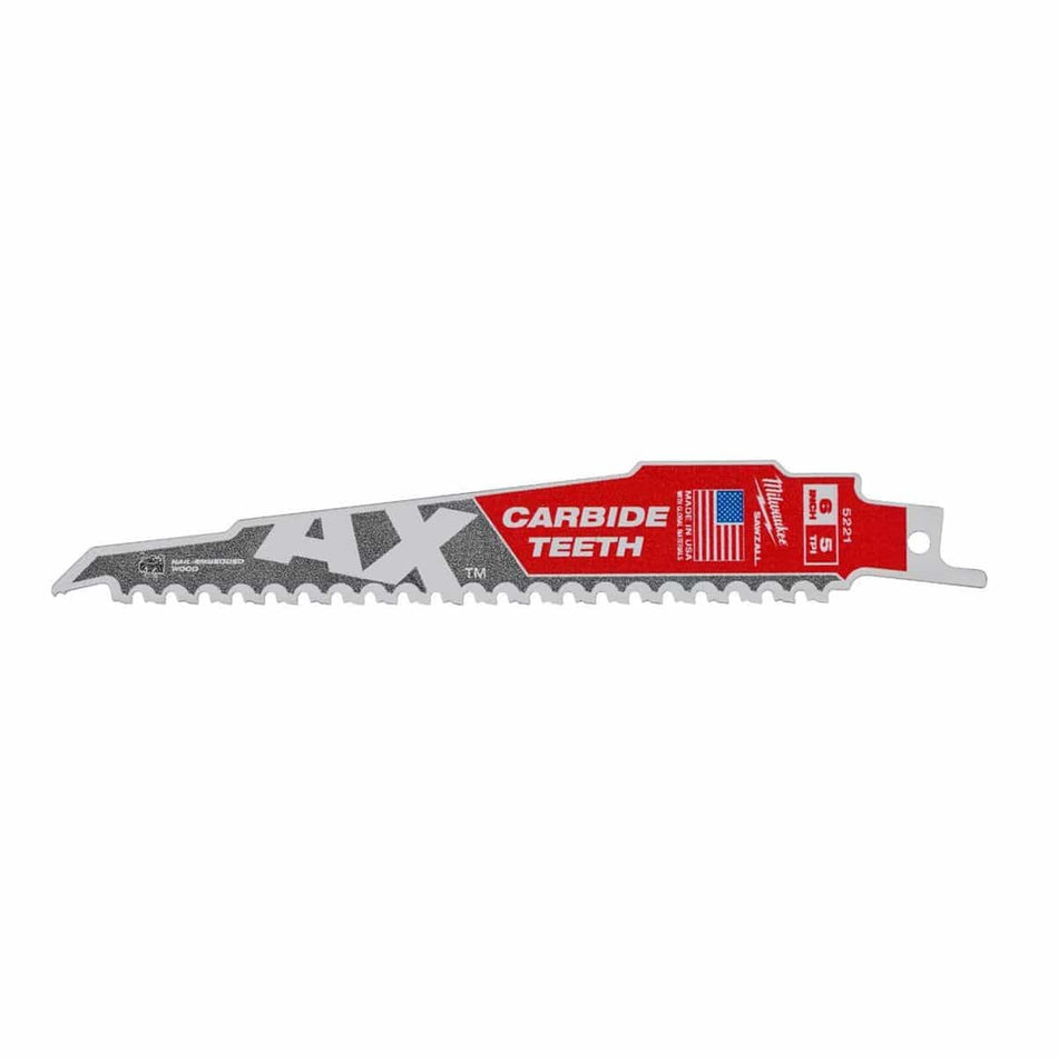 Full-length side profile of the Milwaukee 48-00-5221 AX reciprocating saw blade showcasing the carbide teeth, 5 TPI design, and the red and white AX demolition branding.