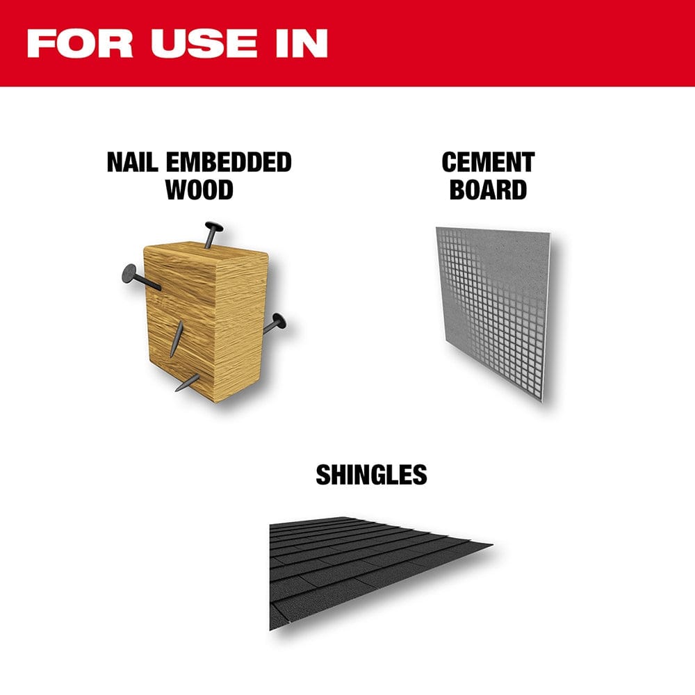 Infographic titled For Use In displaying compatible materials for the blade including nail embedded wood, cement board, and roofing shingles.