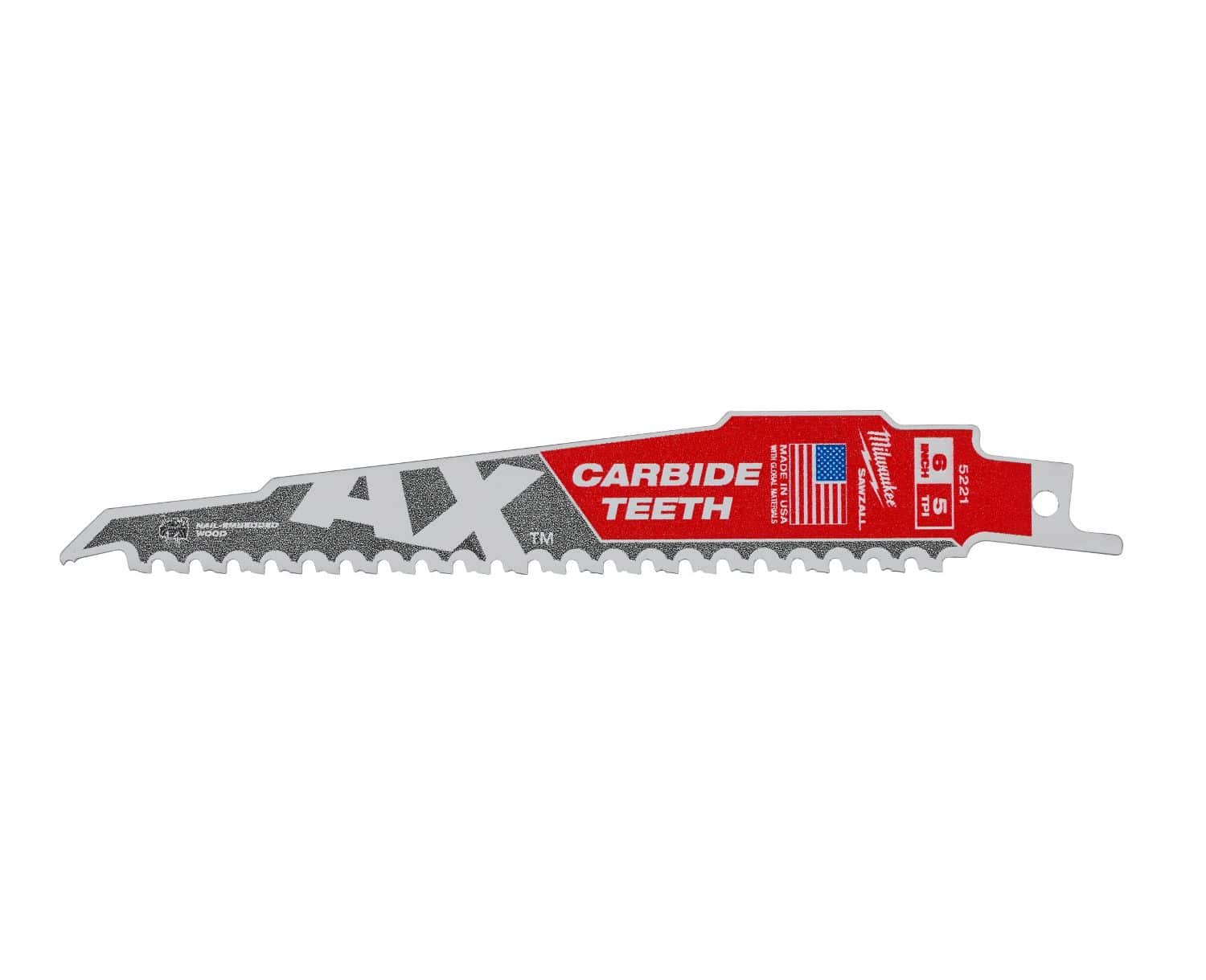 Full-length side profile of the Milwaukee 48-00-5221 AX reciprocating saw blade showcasing the carbide teeth, 5 TPI design, and the red and white AX demolition branding.