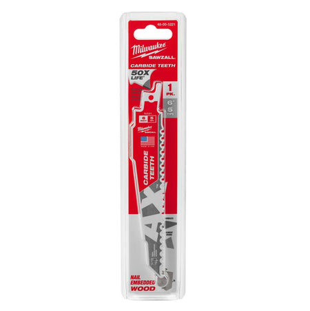 Milwaukee 6-inch 5 TPI AX SAWZALL reciprocating saw blade with carbide teeth in original retail blister pack packaging, highlighting the 50X life rating and nail-embedded wood capability.