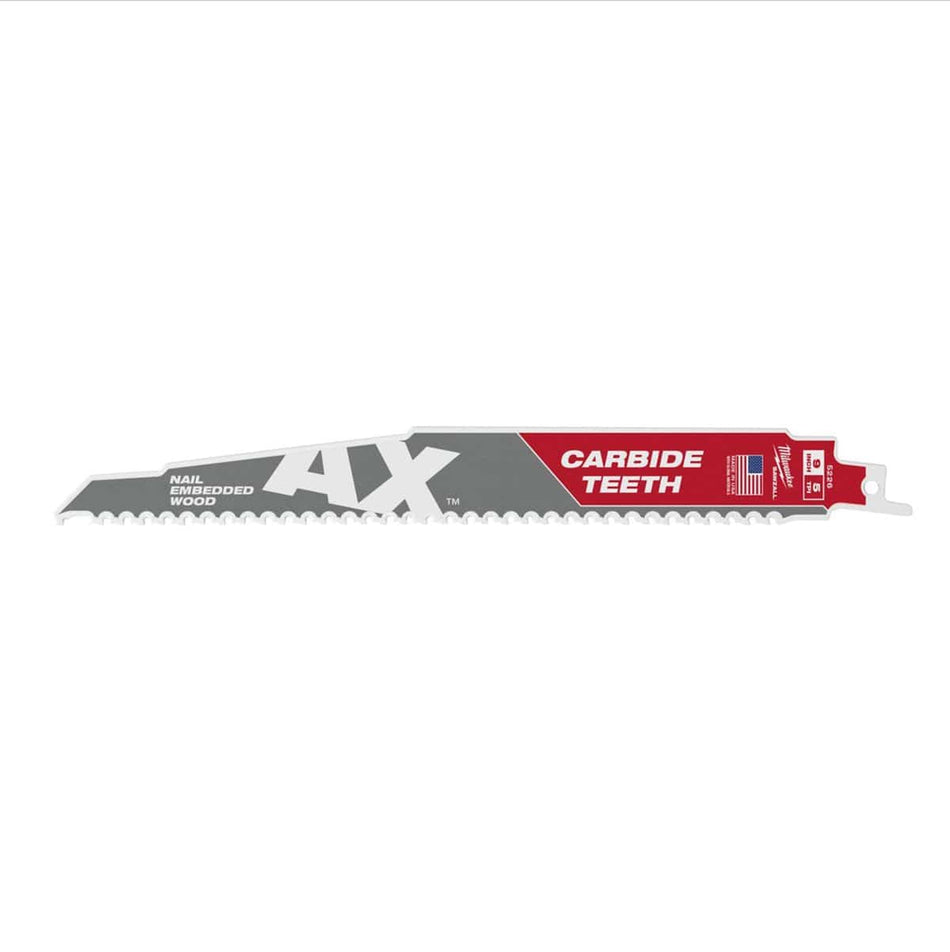 Studio shot of the 9-inch AX Sawzall blade displaying the red Milwaukee logo, carbide teeth branding, and specialized tooth geometry.