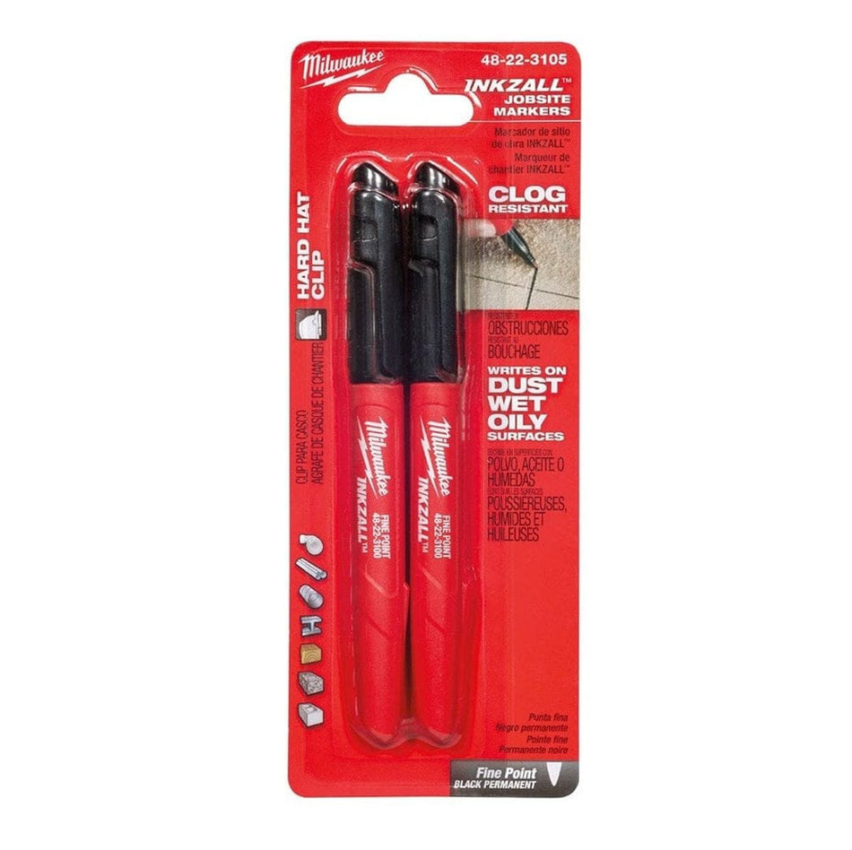 Retail blister packaging containing two red Milwaukee INKZALL fine point markers with callouts for clog resistance and hard hat clip.