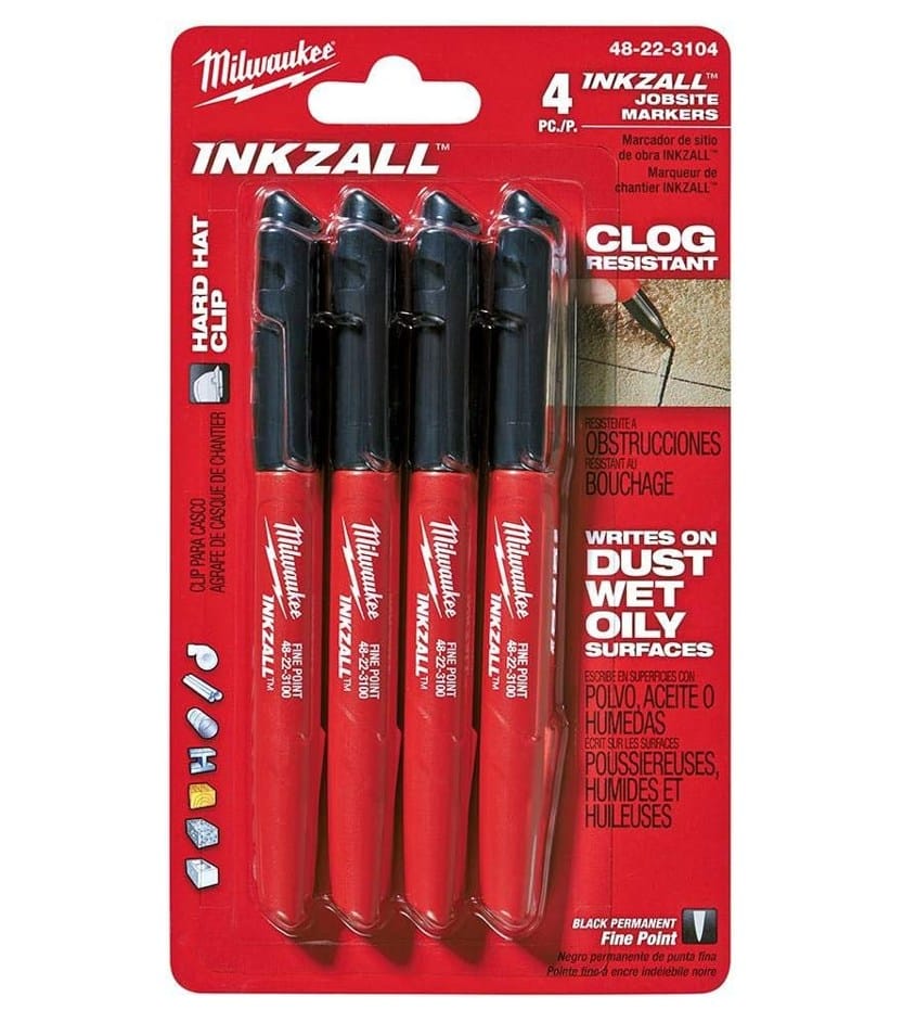 Retail blister packaging containing four red Milwaukee INKZALL fine point markers with callouts for clog resistance and ability to write on dusty, wet, or oily surfaces.