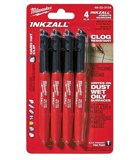 Retail blister packaging containing four red Milwaukee INKZALL fine point markers with callouts for clog resistance and ability to write on dusty, wet, or oily surfaces.