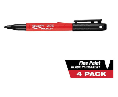 Studio shot of a single red Milwaukee INKZALL marker alongside a graphic label reading Fine Point Black Permanent 4 Pack.