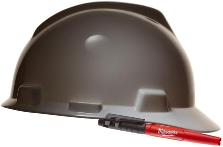 Side view of a white construction hard hat with a red Milwaukee INKZALL marker securely clipped to the brim for easy access.