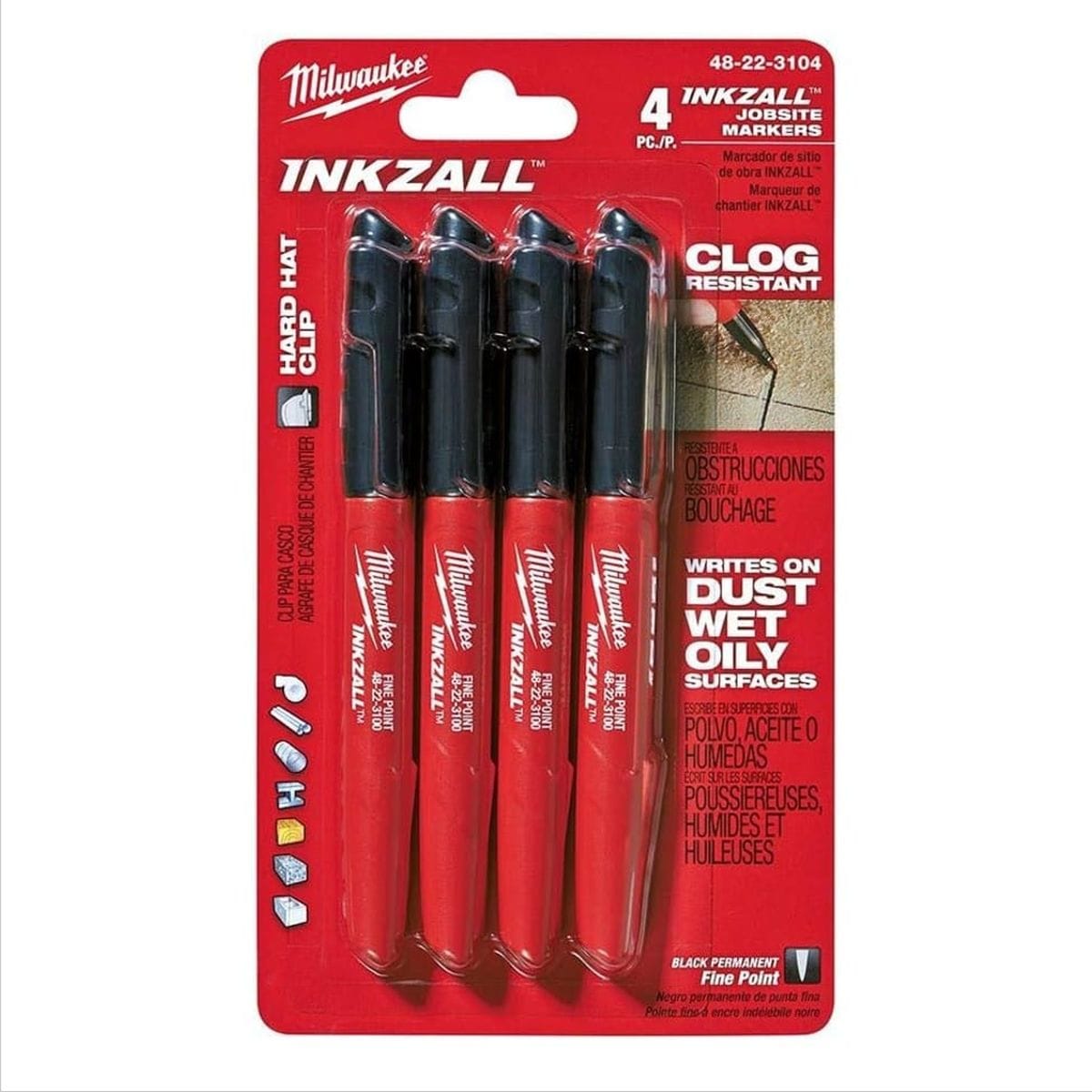 Retail blister packaging containing four red Milwaukee INKZALL fine point markers with callouts for clog resistance and ability to write on dusty, wet, or oily surfaces.